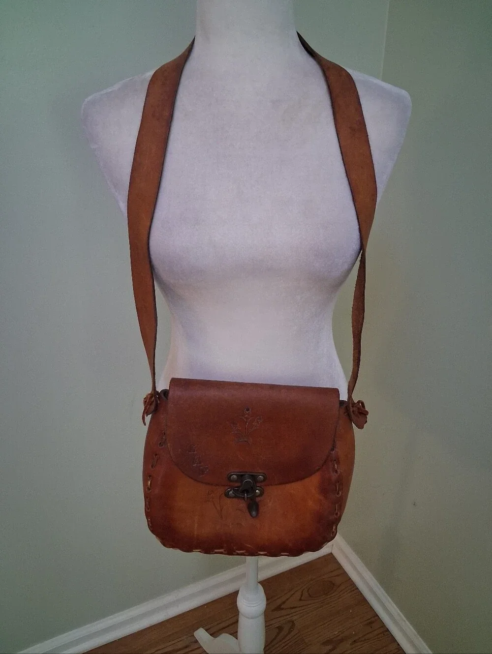 Vintage Hand Tooled Leather Crossbody Saddle Bag